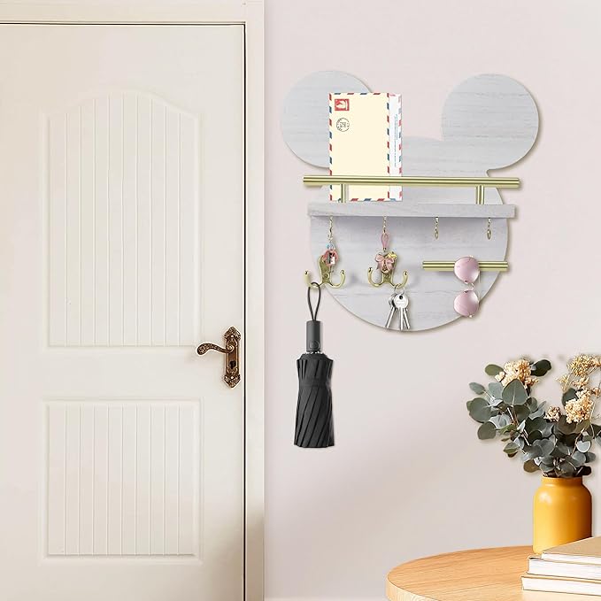 AIRPOP Disn Key Holder for Wall–Mouse Wooden Mail Organizer Wall Mount with Shelf and 6 Hooks, Easy Installation Key Rack Hanger for Entryway Living Room Home Decor(White)