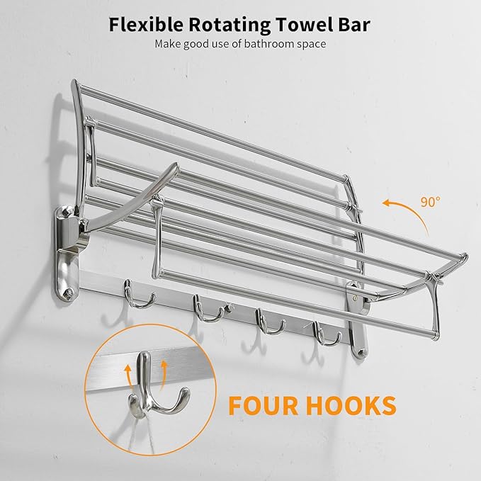 BESy 24 Inch Brushed Nickel Towel Racks, Bathroom Towel Shelf with Foldable Towel Bar Holder and Towel Hooks, Wall Mounted Multifunctional Bathroom Accessories, Double Towel Bars-NeatNest