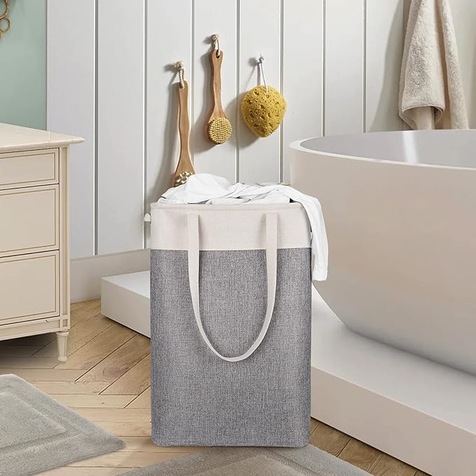 Collapsible Laundry Baskets Double Laundry Hampers Large Foldable Laundry Basket Organizer with Straps Beig Gray Cloth Laundry Hamper Patchcwork Laundry Sorter Dirty Clothes Basket,QY-SC22-2-NeatNest