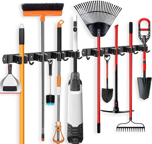 IMILLET 2 Pack Broom and Mop Holder Wall Mounted, Broom Holder Stainless Steel Broom Organizer Heavy Duty Tools Organizer Self Adhesive for Laundry Room Garage Garden（4 Racks and 5 Hooks）-NeatNest