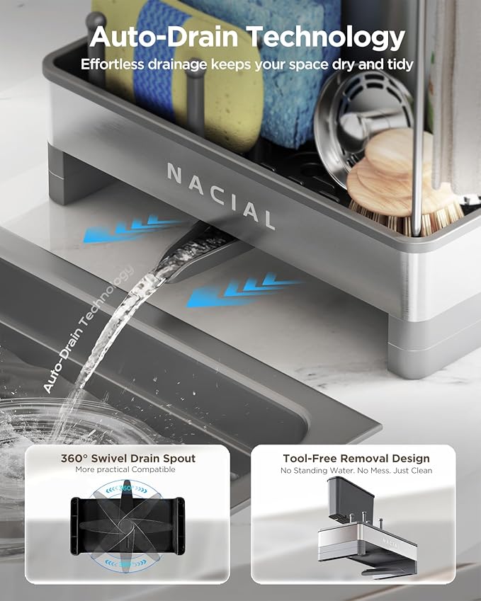 Nacial Sponge Holder for Kitchen Sink, Sink Caddy Organizer with High Brush Holder, Two Towel Racks & Soap Dispenser- Rustproof 304 Stainless Steel Kitchen Countertop Storage Essentials - Gris-NeatNest