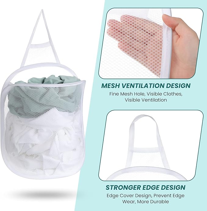 3 Pieces Hanging Laundry Hamper Laundry Bag to Hang Foldable Mesh Hamper Dirty Cloth Basket with Carry Handle Door Net for Store Cloth, Toy, Camping, Hotel Use-NeatNest