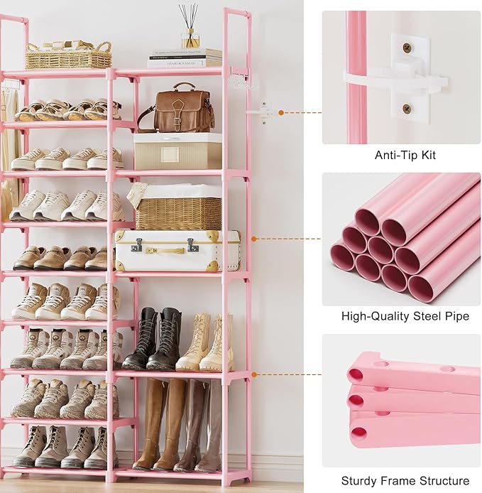 WOWLIVE 9 Tiers Shoe Rack Shoe Storage Shoe Organizer 30-35 Pairs Shoe Tower Unit Shelf Durable Metal Pipes with Plastic Connectors Stackable Cabinet Pink-NeatNest