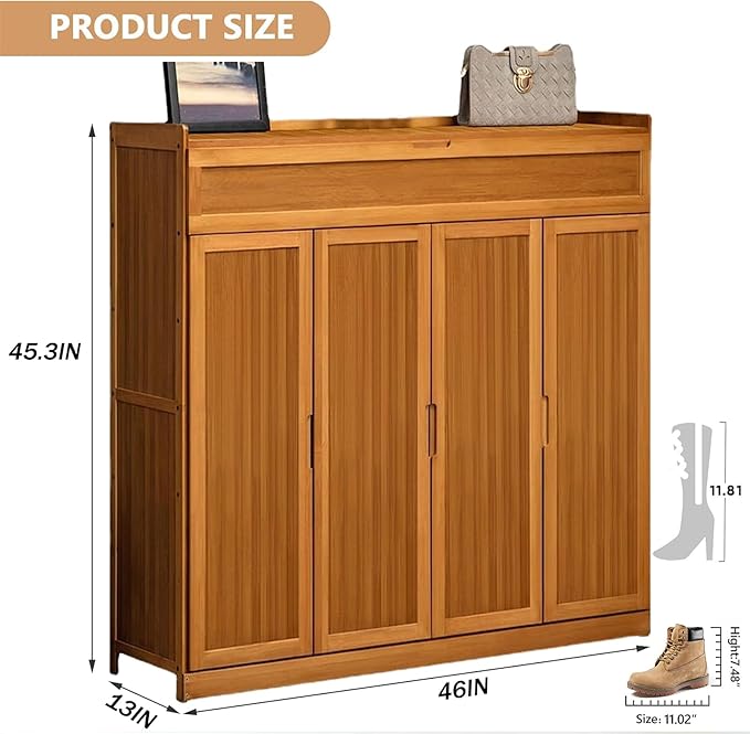 Bamboo Shoe Cabinet, 8-Tier Shoe Storage Cabinet with Doors, Freestanding Bamboo Shoe Rack Organizer with Shelves for Entryway, Hallway, Closet, Living Room (Brown-6)