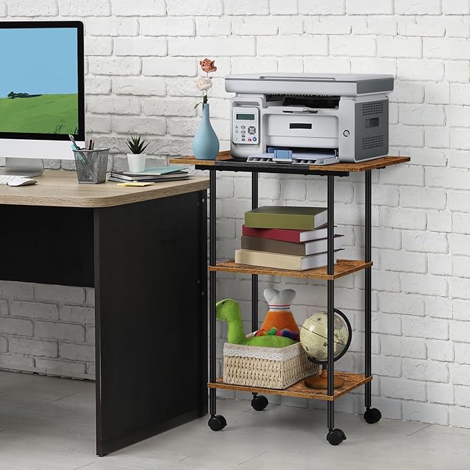 Shinoske Printer Stand with Storage,3 Tier Large Printer Table with Wheels for Home Office,Rolling Cart with Storage Shelf,for 3D Printer,Scanner Fax,Shredder,Rustic Brown-NeatNest