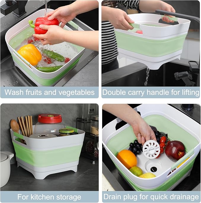 2.4 Gal Collapsible Wash Basin with Drain Plug, Space-Saving Portable Wash Tub, 9L Dish Pan for Soaking Baby Bottles and Pump Parts, Versatile Dish tub for Kitchen, RV, Outdoor Camping Sink (Green)-NeatNest