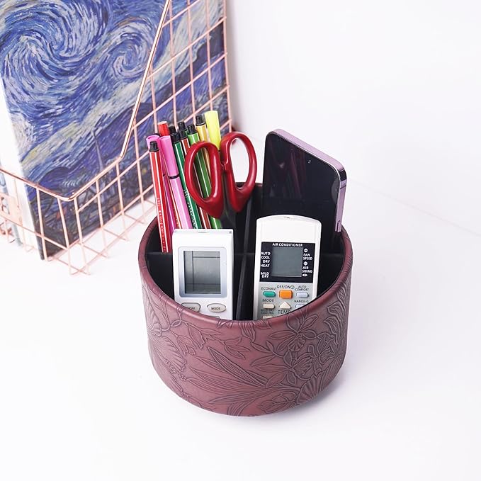 Hennaja Round Leather Art Supply Organizer,Remote Control Holder,360 Degree Spinning,Multi-Functional Pencil Holder,4 Compartments Desktop Stationary Organizer(1-Carved Dark Brown)-NeatNest
