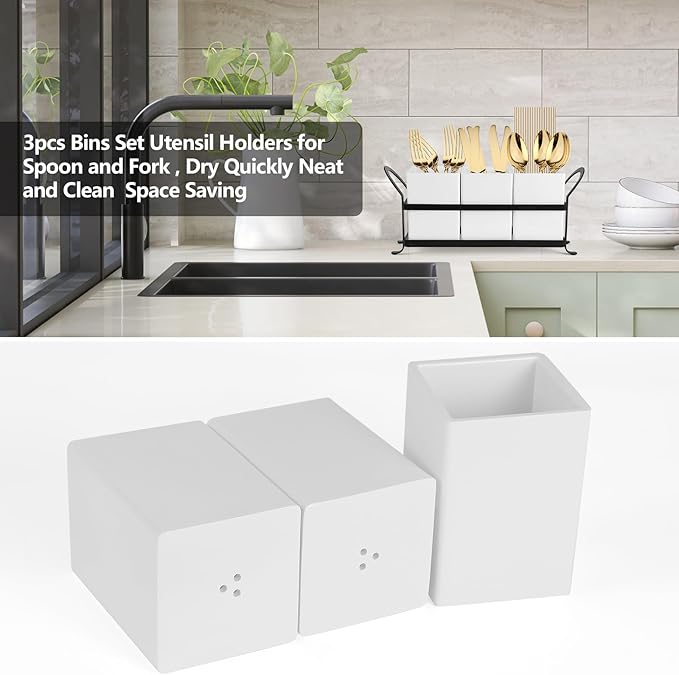 Cutlery Holder with Drain Holes, Silverware Caddy for Party Countertop, Resin Utensil Holders Silverware organizer for Spoon and Fork, White Black-NeatNest