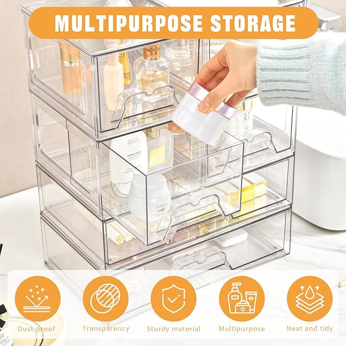 4 Pack Stackable Storage Drawers Clear Acrylic Organizer Bathroom Makeup Organizer and Storage for Beauty Supplies,Ideal for Vanity, Bathroom,Cabinet,Pantry Organization-NeatNest