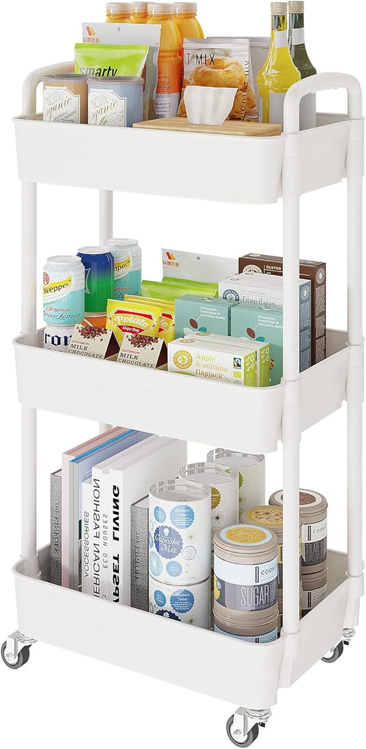 Laiensia 3-Tier Rolling Cart with Wheels,Multifunction Utility Storage carts, Kitchen Storage Organizer,Mobile Shelving Unit for Bathroom,Laundry,with Classified Stickers,White-NeatNest