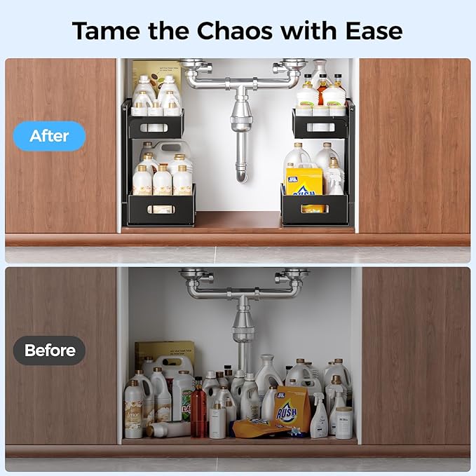 2 Pack Under Sink Organizer, Adjustable Height Under Sink Organizers and Storage, Smooth & Silent Sliding Out Metal Drawer for Kitchen Bathroom Pantry Cabinet Closet (Black)-NeatNest