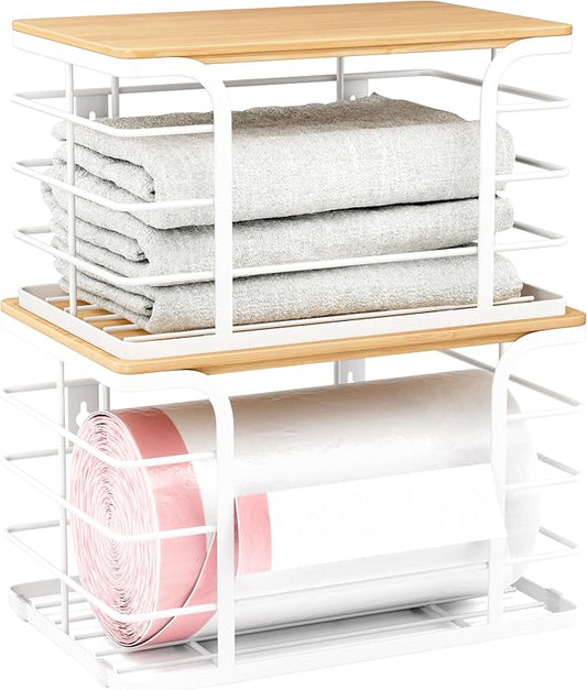 2 Pack Extra Large Stackable Pantry Organizer,Wall Mount Garbage Bag Holder Dispenser with Bamboo Top for Kitchen Laundry Room Organization,White-NeatNest
