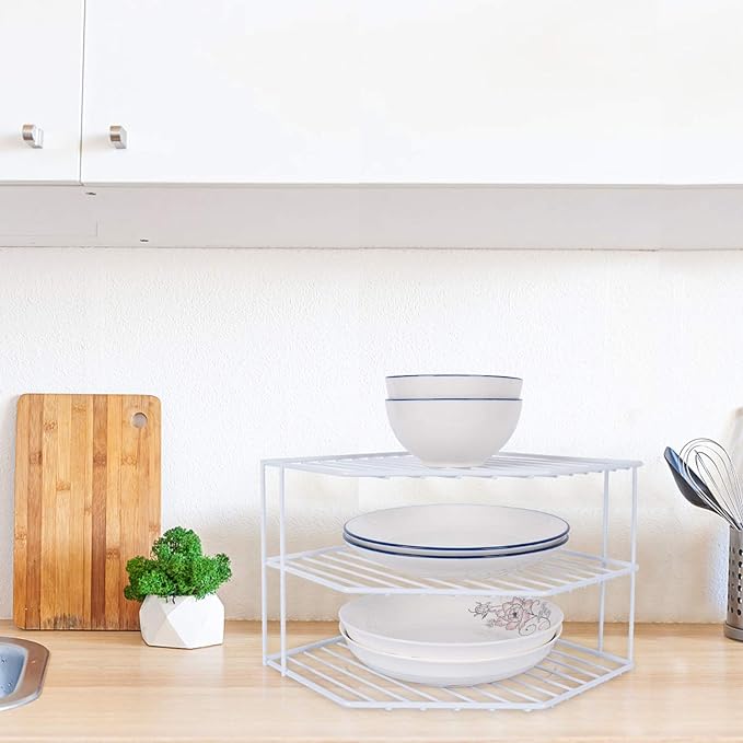 3-Tier Corner Shelf Counter and Cabinet Organizer - Steel Metal Wire - Rust Resistant - Plates, Dishes, Cabinet & Pantry Organizer - Kitchen Organization (10 x 7.5 Inch)(White)