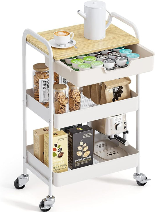 TOOLF 3-Tier Metal Utility Rolling Cart with Drawer and Wooden Table Top, Storage Cart White Trolley Kitchen Organizer Rolling Desk with Locking Wheels for Office, Classroom, Home, Bedroom-NeatNest