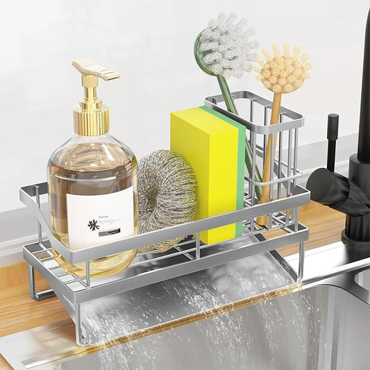 Kitchen Sink Caddy Organzier and Storage Sponge Holder for Sink with High Brush Holder, Rustproof 304 Stainless Kitchen Gadgets Dish Sponge Organizer (Lacquer Silver)-NeatNest