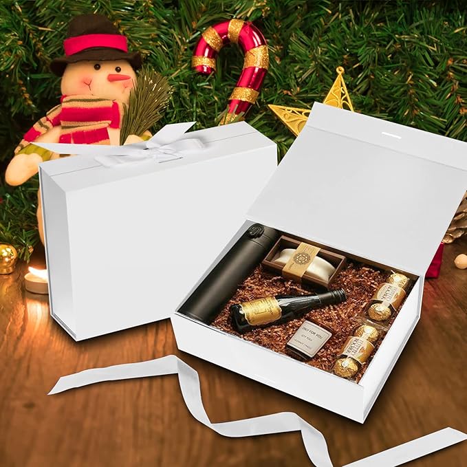 Gift Box with Lid for Presents 10.5x7.5x3.1 Inches with Ribbon and Magnetic Closure(1-Pack) (White)-NeatNest