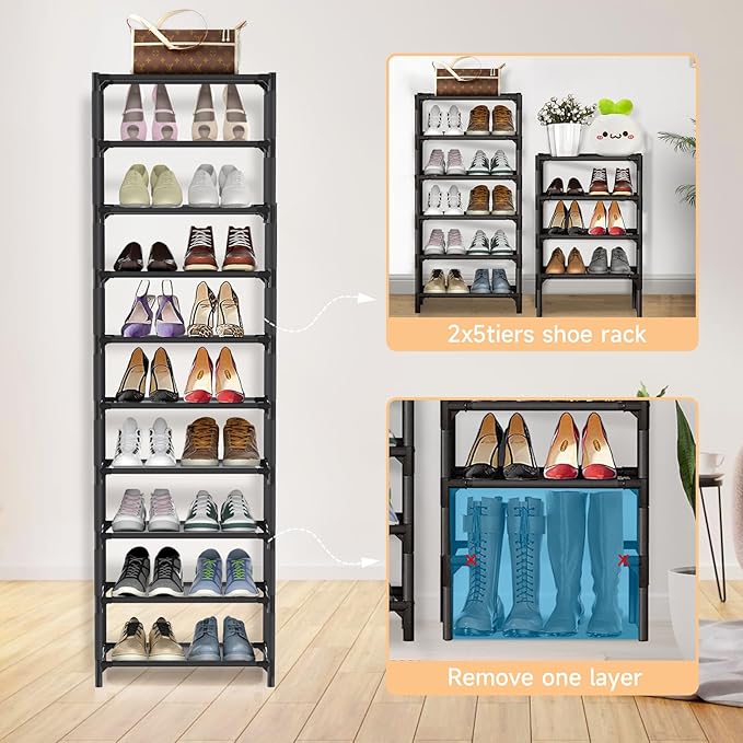 10 Tiers Vertical Shoe Rack Up to 20-25 Pairs, Sturdy Metal Narrow Shoe Shelf, Space-Saving Tall Shoe Rack for Closet,Bedroom Hallway Garage Living Room-NeatNest