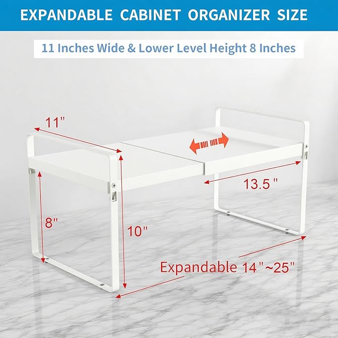 Expandable Cabinet Shelf Organizer 14-25 Inch Adjustable Length, 11" Wide 2-Tier (8" Bottom Layer) Metal Storage Rack for Kitchen Pantry, Under Sink Countertop - Heavy Duty White(2 Pack)-NeatNest