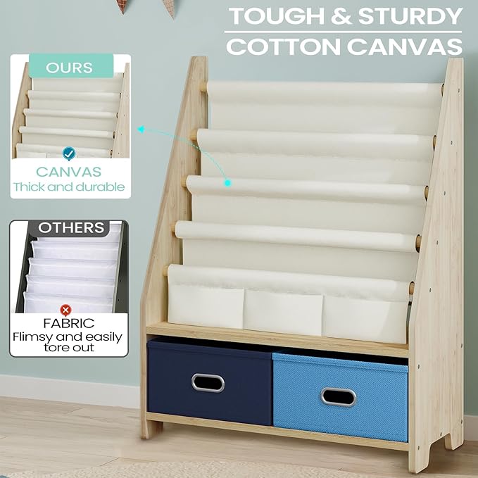 4 Tier Kids Book Shelf, Wooden Kids Book Rack Storage Bookshelf with Toy Storage Organizer, Toddler Sling Bookshelf for Boys, Girls, Kids Room, Blue