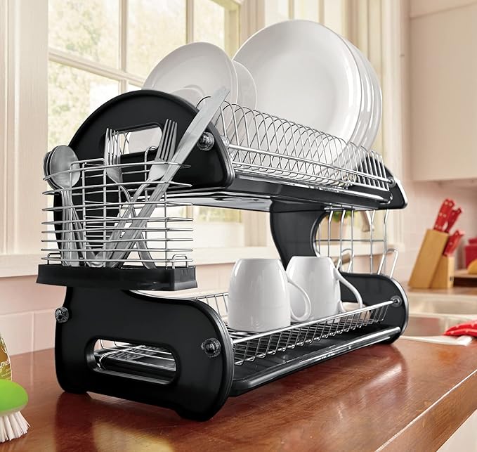 Montgomery Ward Retro 2-Tier Dish Rack, Space-Saving Design, Durable Plastic and Chrome-Plated Wire, Easy Assembly (Black)