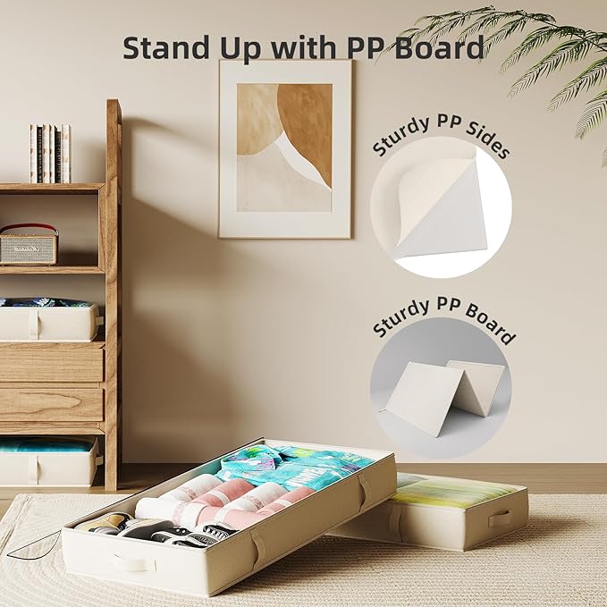 2-Pack Under Bed Storage, 6 Inches Tall Closet Organizers and Storage Bins with Sturdy Sidewalls/Bottom/4 Handles, Beige-NeatNest