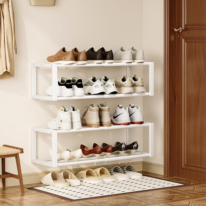 Homeiju Hanging Shoe Organizer,2 Pack Wall Mounted Shoe Rack Holds 12 Pairs,Space Saving Metal Wall Shoe Rack,Hanging Shoe Rack Shoe Holder for Small Space,Entryway,Closet,RV,Camper (White-NeatNest
