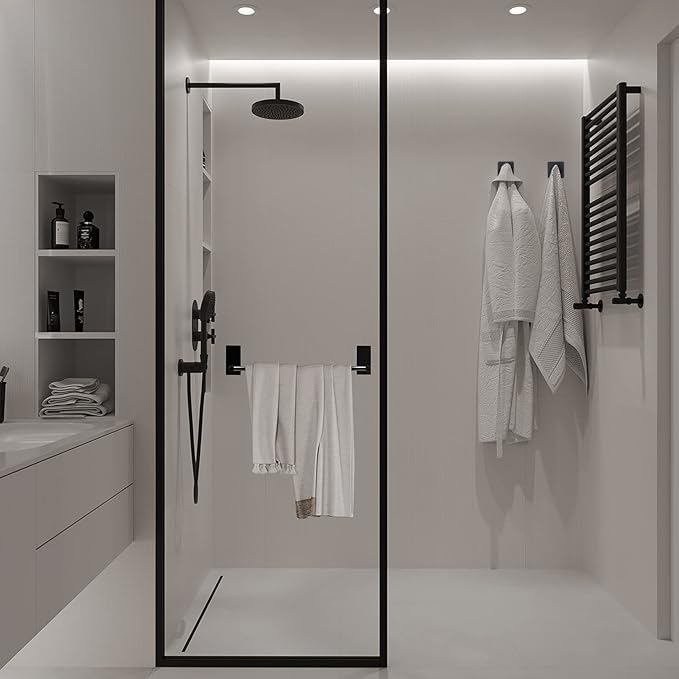 Taozun Towel Bar - Towel Holder with 2 Packs Adhesive Hooks Black 16-Inch Hand Towel Rack Stick on Wall, Stainless Steel Bathroom Hardware Accessory Kit