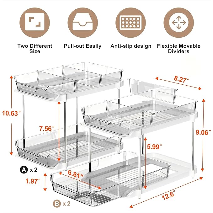 Delamu 4 Sets of 2-Tier Multi-Purpose Bathroom Cabinet Under Sink Organizers and Storage, Stackable Kitchen Pantry Organization and Storage, Grey-NeatNest
