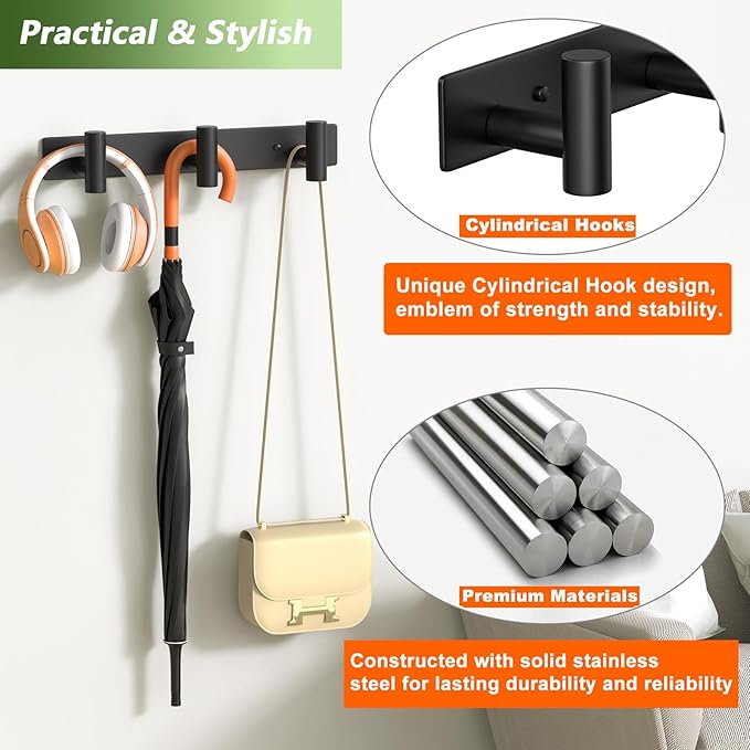 Wall Mounted Coat Rack-3 Hooks, Heavy Duty Stainless Steel Hook Rail for Towel Coat Hat Purse Bag Jacket, Towel Hooks for Entryway Bathroom Kitchen (Black 3 Hooks - 1 Pack)-NeatNest