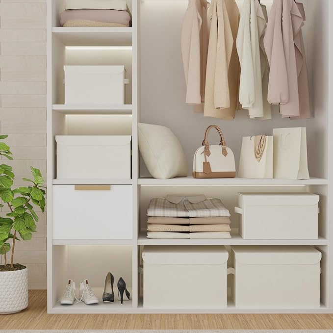 Foldable Storage Bin, Cube Organizer Basket with Flip-Top Lid and 2 Handles, Decorative Boxes for Shelves with Cover for Clothes, Towels, Blanket, 2 Pack, Beige, 13 x 9 x 7.9 In, XSNY12BEM-2-NeatNest