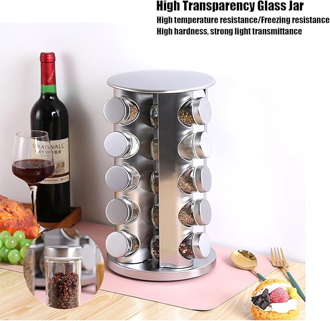 Spice rack-Revolving Spice Rack Set, Kitchen Spice Tower Organizer for Countertop or Cabinet -Desktop Rotating Seasoning Organizer(Stainless Steel) (Silver, 20-Jar)