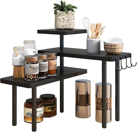 IBUYKE Countertop Organizer,3-Tier Spice Racks,Kitchen Counter Corner Shelf,4 Side Hooks,Adjustable Countertop Shelf for Kitchen, Bathroom, Coffee Bar, Cabinet, Desk,Black,TLJ023B-NeatNest