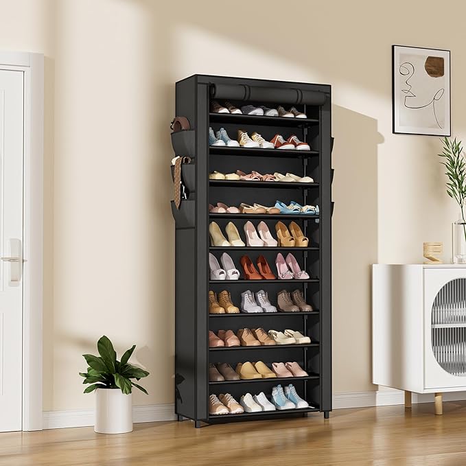 VTRIN Vertical Narrow Shoe Rack Organizer Tall Shoe Rack for Closet Entryway 10 Tier Non-Woven Cover Shoe Shelf Holds 36-41 Pairs Free Standing Shoe Storage Cabinet with Dustproof Cover, Black-NeatNest