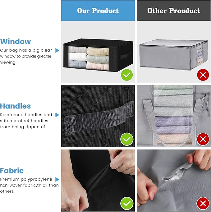 HomeHacks Storage 8-Pack Clothes Organizer Storage Bags Foldable Storage Box with Large Clear Window Sturdy Handles for Closet, Dorm, Pillows, Bedding, Clothes, Blankets, 35L, Black-NeatNest