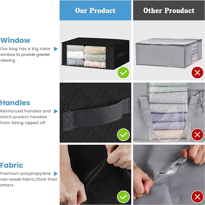 HomeHacks Storage 4-Pack Clothes Organizer Storage Bags Foldable Storage Box with Large Clear Window Sturdy Handles for Closet, Dorm, Pillows, Bedding, Clothes, Stuffed Toys, Blankets, 35L, Black-NeatNest