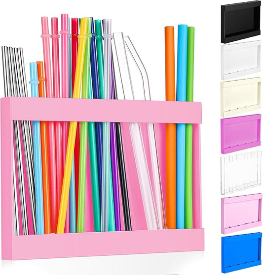 Acrylic Straw Holder for Cabinet Door with Double Sided Adhesive Tape Reusable Straw Organizer Tumbler Storage Kitchen Accessories Container for Counter Cupboard(Classic,Large,Pink)