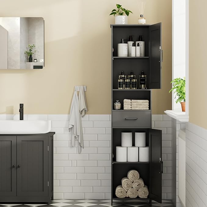 Homhedy 67" H Tall Bathroom Storage Cabinet with 2 Barn Doors and 1 Drawer, Storage Cabinet, Adjustable Shelves, Floor Cabinet for Bathroom, Living Room, Entryway, Kitchen, Black, (15.7" W)