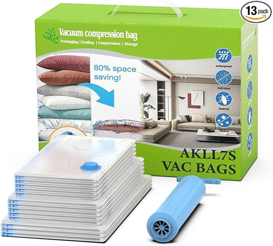 AKLL7S Vacuum Storage Bags, 13 Combo Space Saver Bags (3 Large, 5 Medium, 5 Small) with Hand Pump, Vacuum Seal Bags for Clothing, Comforters, Blankets, Travel-NeatNest