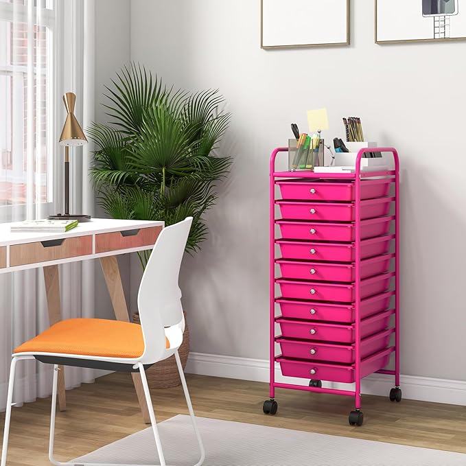COSTWAY 10-Drawer Rolling Storage Cart, Utility Mobile Trolley with Removable Drawers & Universal Casters & 2 Brakes, Versatile Flexible Drawer Organizer Cart for Home, Office, Hot Pink-NeatNest