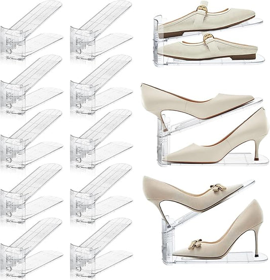 Adjustable Shoe Slots Organizer,12PACK Transparent Shoe Stackers Shoe Rack Holder Shoe Space Savers Double Layer Stack Shoe Racks for Closet Organization(Transparent)-NeatNest