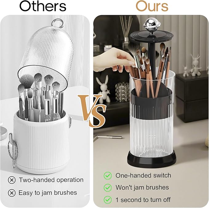 Makeup Brush Holder with Lid,One Touch Open 4 Slot Makeup Brush Case with Waterproof Dustproof, 360 Rotating Makeup Organizer for Vanity Desktop Counterto Bathroom (Black)-NeatNest