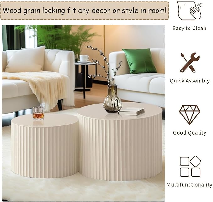 Modern Round Wooden Nesting Coffee Table Set of 2 Circle Tables with Non-Slip Feet, Accent Side End Table, Saving Space Design and No Need Assembly (HLARGE)