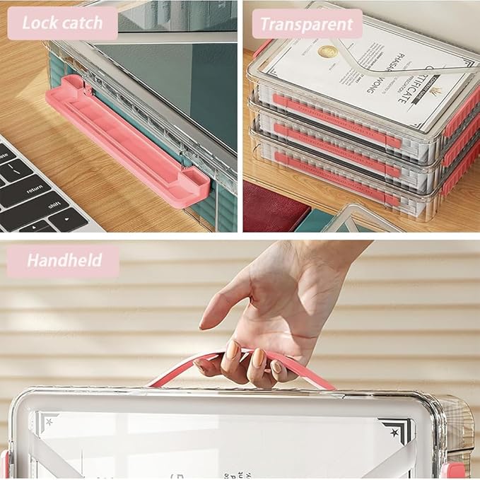 2 Pack Clear Plastic File Storage Boxes with Latching Lids, Transparent Certificate Organizer, Portable Project Case for Drawers, Clear Stackable File Box for A4 Files (‎Red Latches, Small)