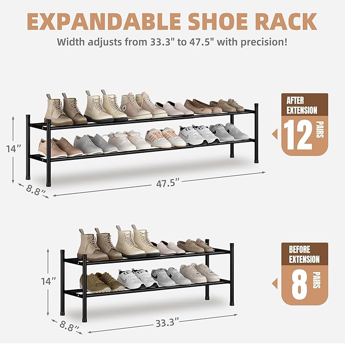 STORAGE MANIAC Long Expandable Shoe Rack, 12 Pairs Metal Wide Stackable Shoe Rack, Adjustable Shoes Shelf, Freestanding Shoes Organizer for Closet, Entryway, Hallway, Garage, Front Door, 2 Tiers-NeatNest