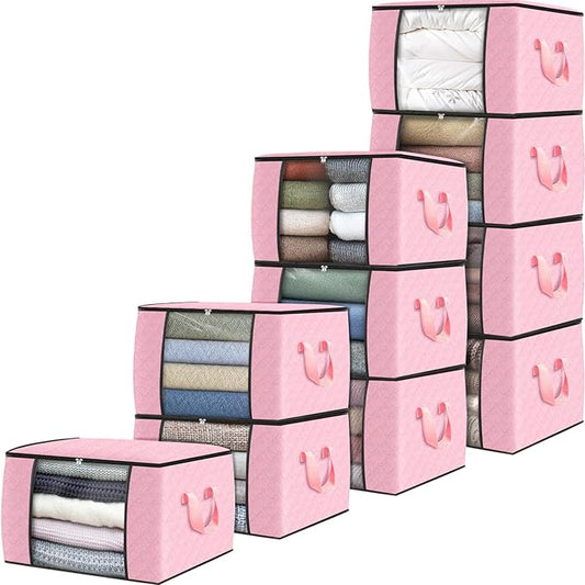 Fab totes 10 Pack Clothes Storage, Foldable Thick Fabric Blanket Storage Bags, Containers for Organizing Bedroom, Closet, Clothing, Comforter,Organization with Handle,Pink-NeatNest
