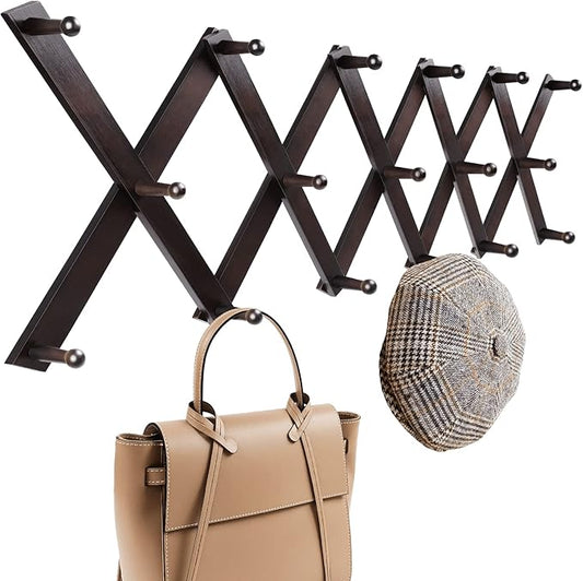Homode Accordion Wall Hanger, Hat Hangers Wall Mounted, Wood Accordian Coat Rack with 17 Hooks, Expandable Peg Rack Wall Organizer for Hanging Baseball Caps, Hats, Purse, Coffee Cup, Bag, Walnut-NeatNest