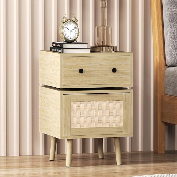 Bonzy Home Nightstand with Storage, 23" Side Table with Woven Doors, Bedside Table with 360° Rotating for Living Room, Bedroom, Oak-NeatNest
