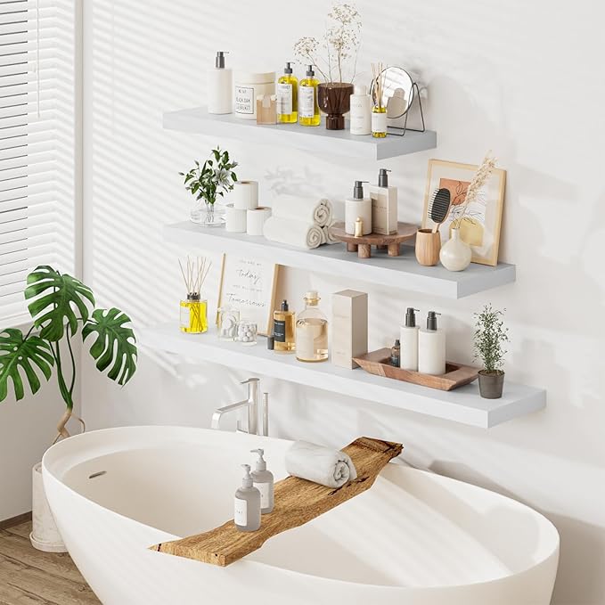 Heimlove 55 x 12 inch Extra Long Floating Shelves for Wall, 12 Inch Deep Floating Shelves, Large Display Shelf & Storage Shelf for Living Room Bedroom Kitchen Home Office, Set of 2, White-NeatNest