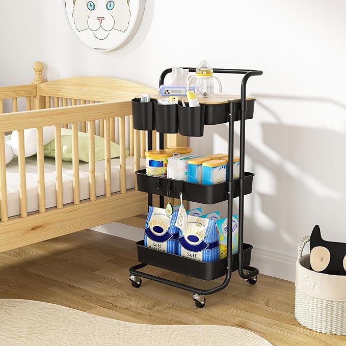 3 Tier Rolling Cart with Metal Handle, Table Top, Hanging Cups, Hooks, Plastic Storage Baskets& Wheels Lockable, Utility Cart for Bathroom Classroom Office Kitchen Pantry Organizers and Storage, Black-NeatNest