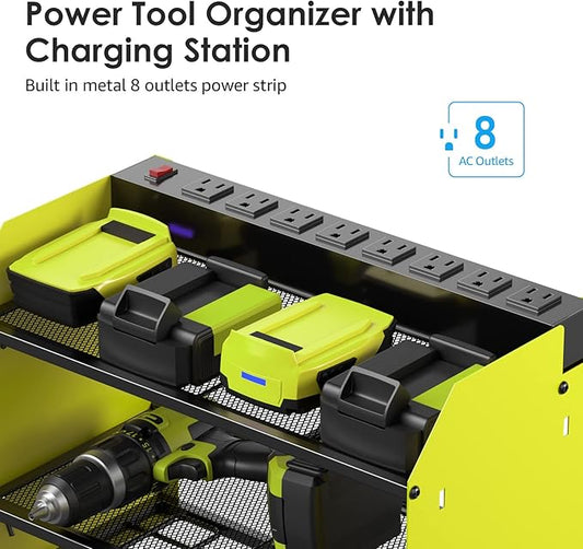 CCCEI Modular Power Tool Organizer Wall Mount with Charging Station. Garage 4 Drill Storage Shelf with Hooks, Screwdriver, Drill Bit Heavy Duty Rack, Tool Battery Holder Built in 8 Outlet Power Strip.-NeatNest